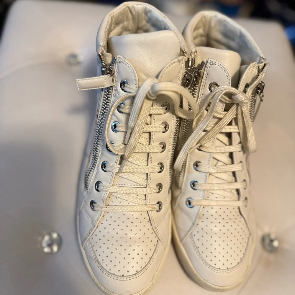 Hot Deal: Chanel White Leather CC High Top Sneakers w/Side Zippers - Picture 2 of 9
